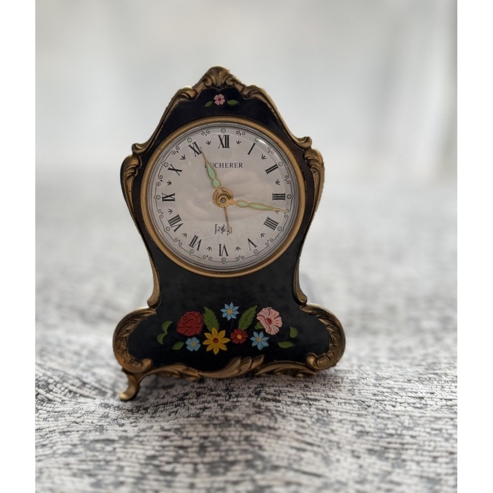 Vintage Bucherer Lador Switzerland Musical Wind-Up Alarm Clock Floral Black Gold